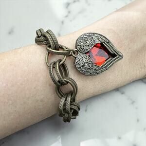 Gothic Charm Bracelet Red Crystal Heart Brass Tone Antique Style Chunky Toggle
